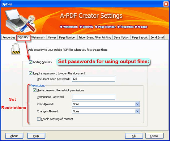 a-pdf creator setting for security
